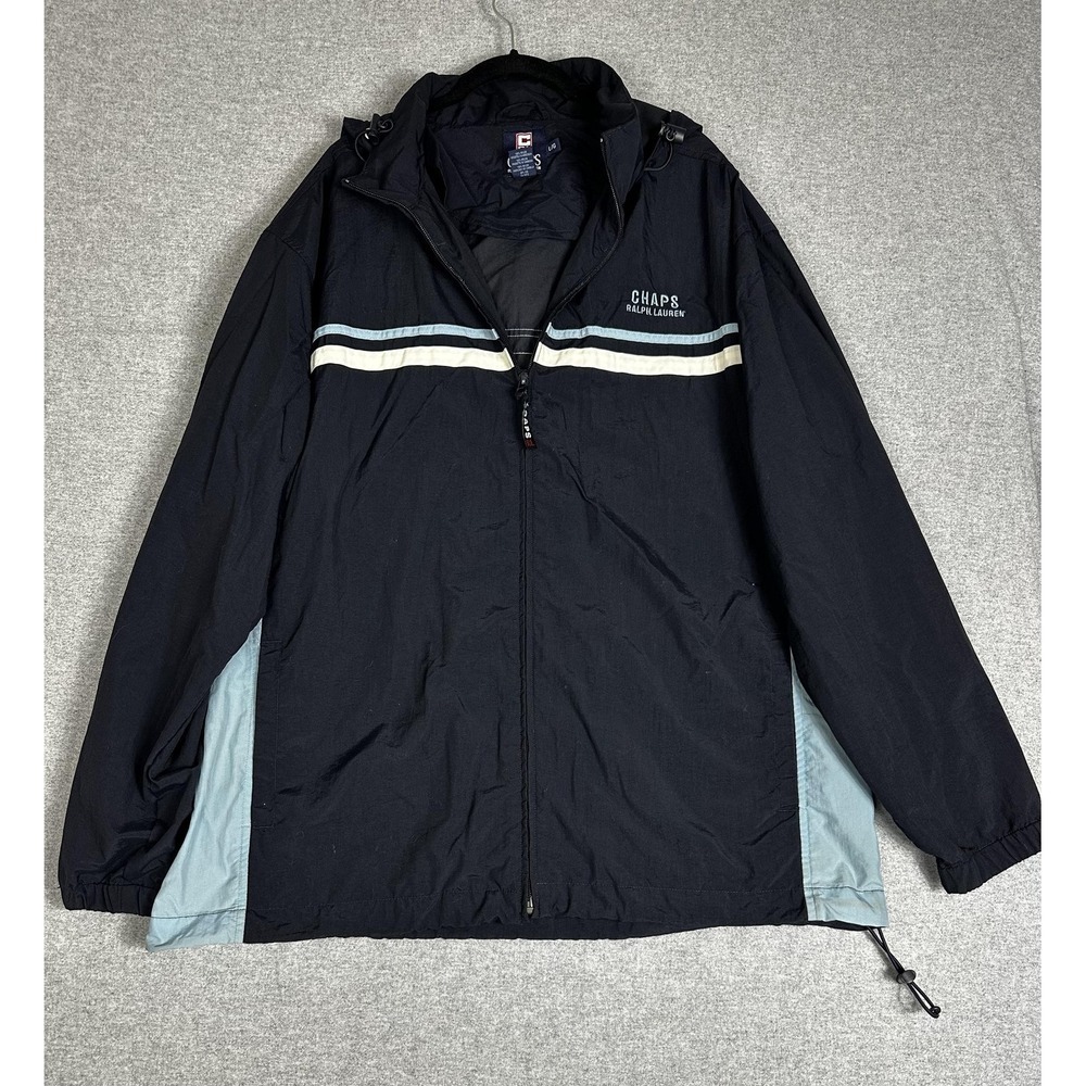 VTG Chaps Ralph Lauren Jacket L Black Packable Hood Windbreaker Full Zip Stripe